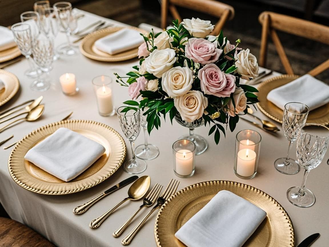 Elegant reception tablescape with crystal glassware and candles